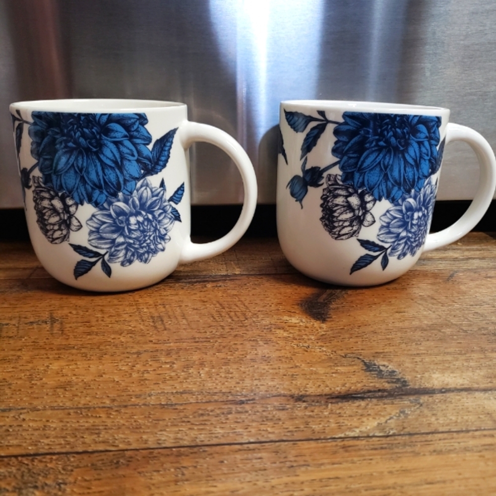 Floral Blue and White Ceramic Mugs